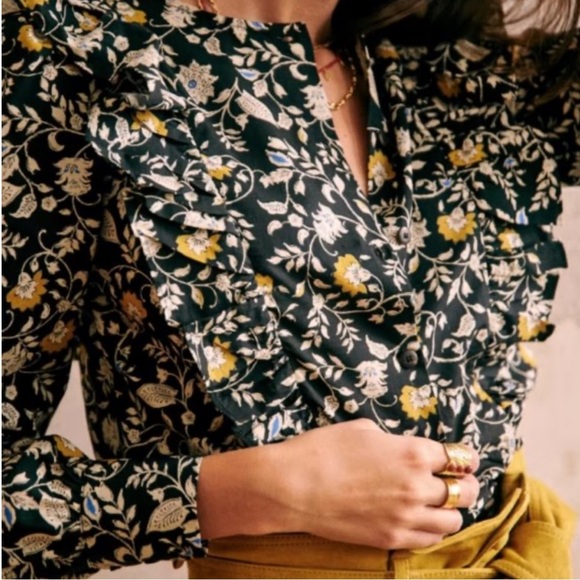 Sezane navy blue Yellow Ruffle Floral Long Sleeve Blouse button up - Picture 1 of 6